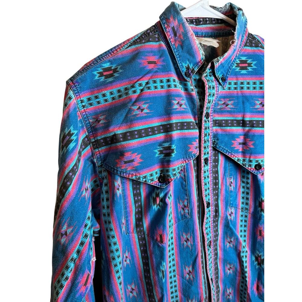 Vintage 90s Distressed Aztec Western Button Up Shirt Cowboy Embroidered XL - Picture 2 of 8